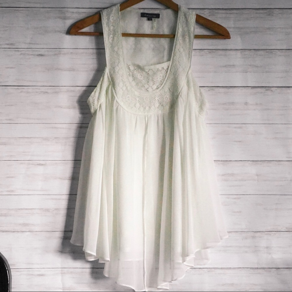 Gracia Ivory Lace & Sheer Flowy Sleeveless Blouse
